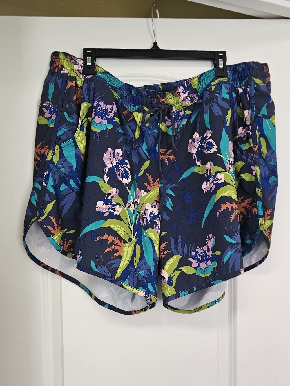 Columbia Sandy River Navy Floral Athletic Shorts with Teal & Lime Accents